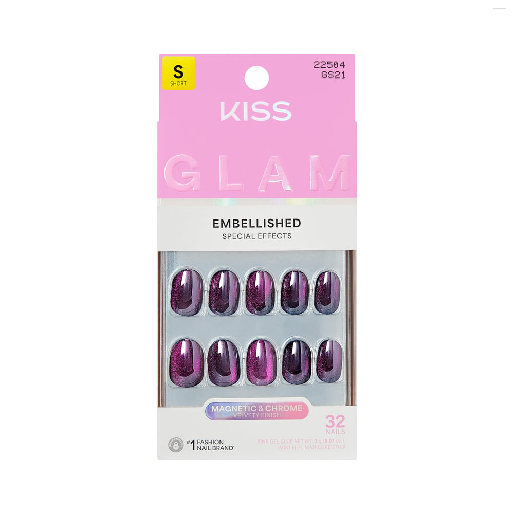 KISS Glam front packaging showing purple short round nails and branding benefits