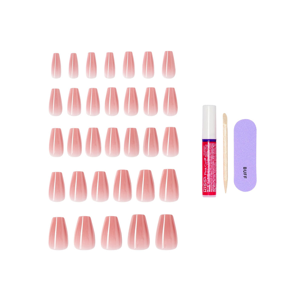 KISS glossy finish detail on Jubilation nails showing smooth shine benefit: salon-like sheen