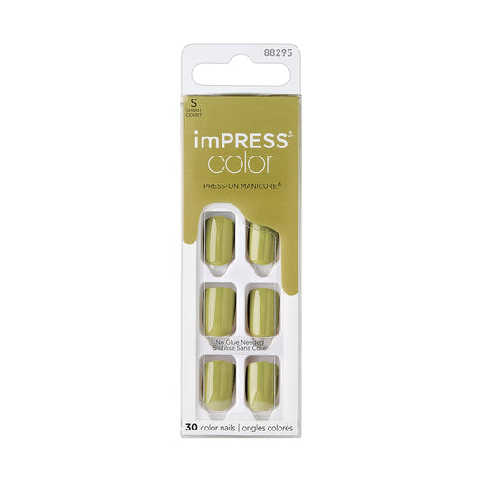 KISS front packaging showing olive green press-on nails and included kit for quick application