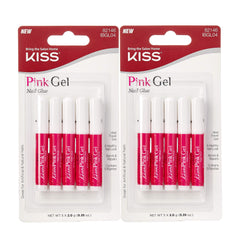 KISS pink gel nail glue front packaging showing compact two-pack and benefits