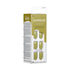 KISS close-up of short squoval nails highlighting glossy olive green finish and salon look