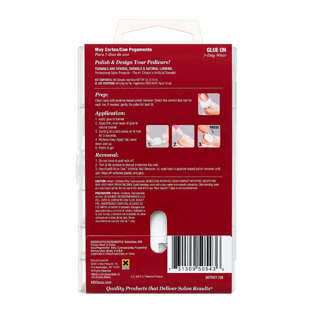 KISS arranged 12-size toenail layout with pink gel glue tube, organized for multiple pedicures