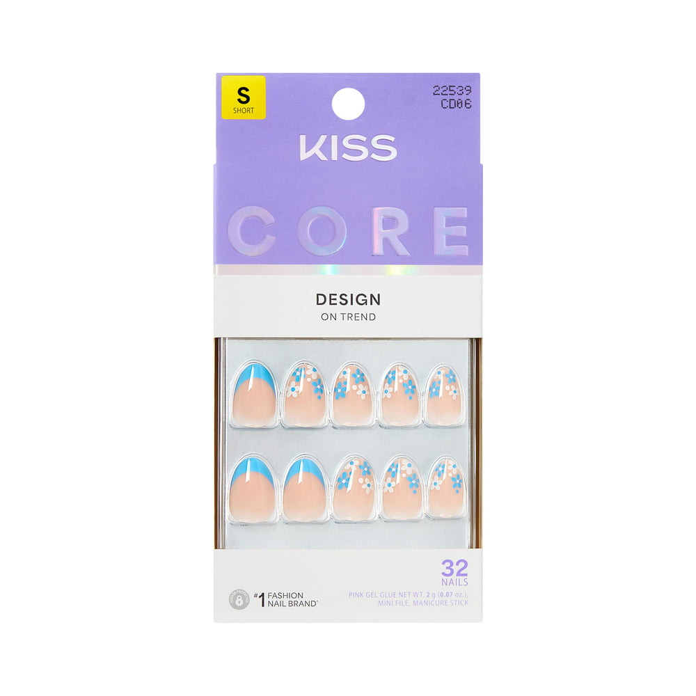 KISS "Tune" front packaging showing blue almond press-on nails and contents for easy styling