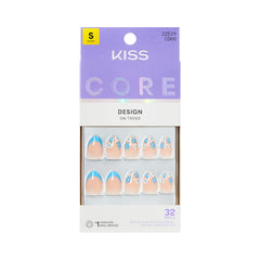 KISS "Tune" front packaging showing blue almond press-on nails and contents for easy styling