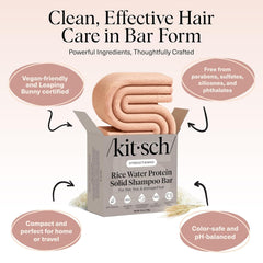 Kitsch shampoo bar beside travel tin showing portability benefit