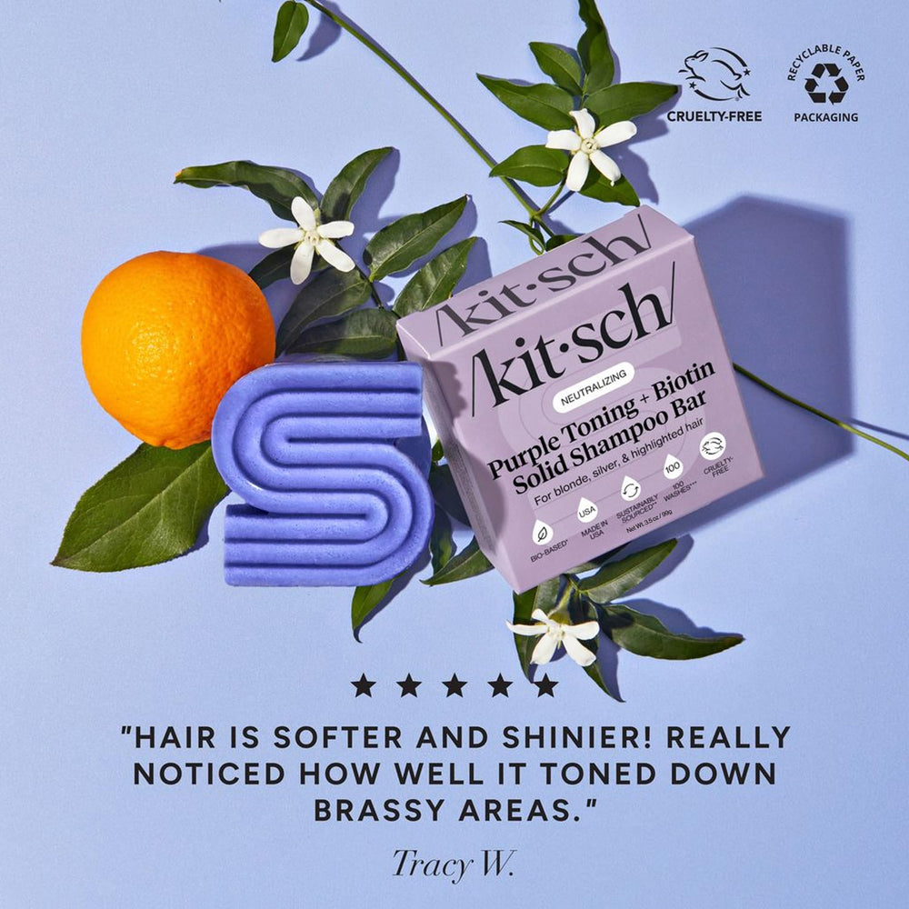 Kitsch shampoo bar on bathroom shelf illustrating sustainable swap