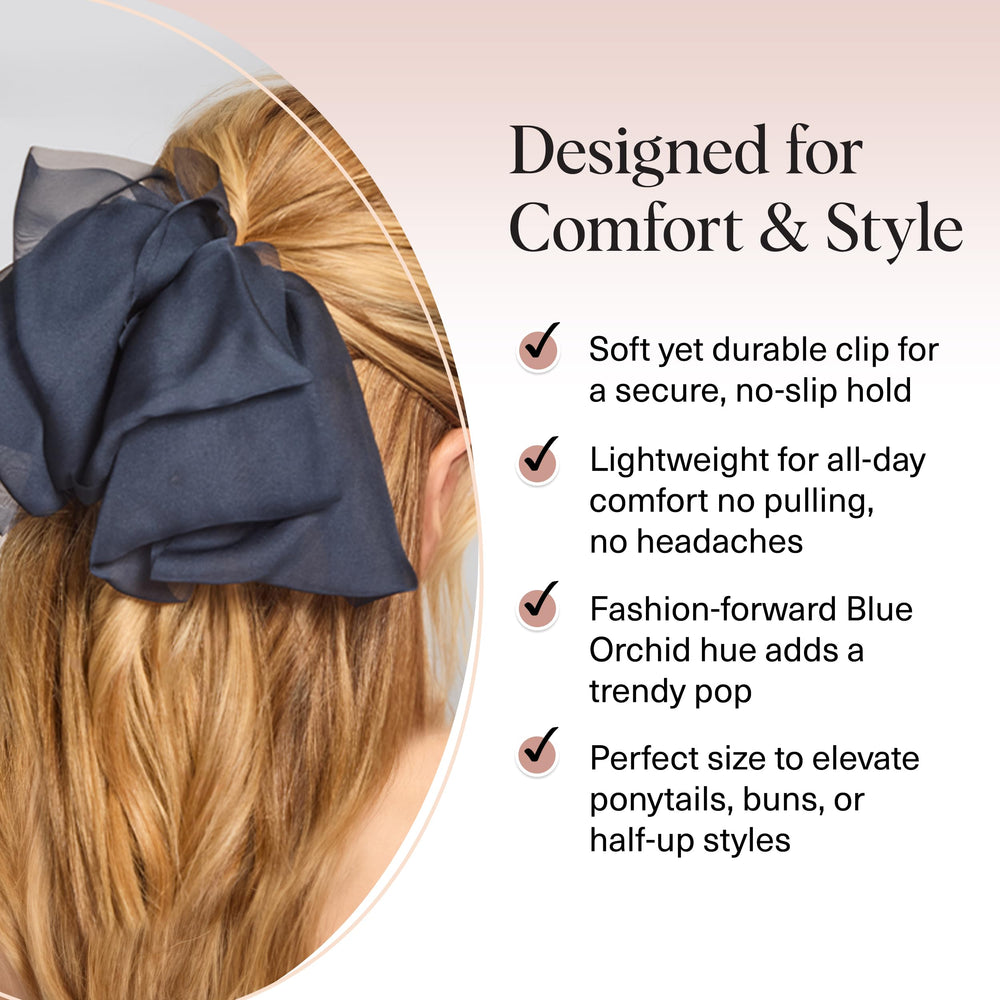 Kitsch Blue Orchid in ponytail demonstrating polished everyday styling