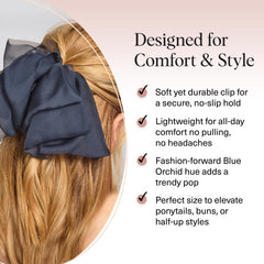 Kitsch Blue Orchid in ponytail demonstrating polished everyday styling