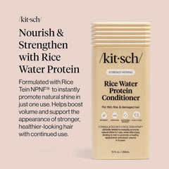 Kitsch bottle beside rice stalks highlighting natural rice water benefit