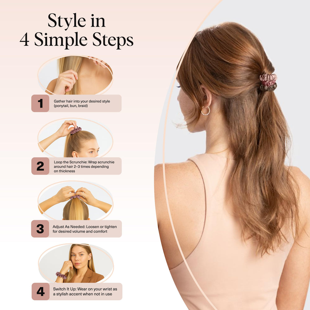 Kitsch scrunchie styled in a bun on curly hair offering gentle, no-crease hold