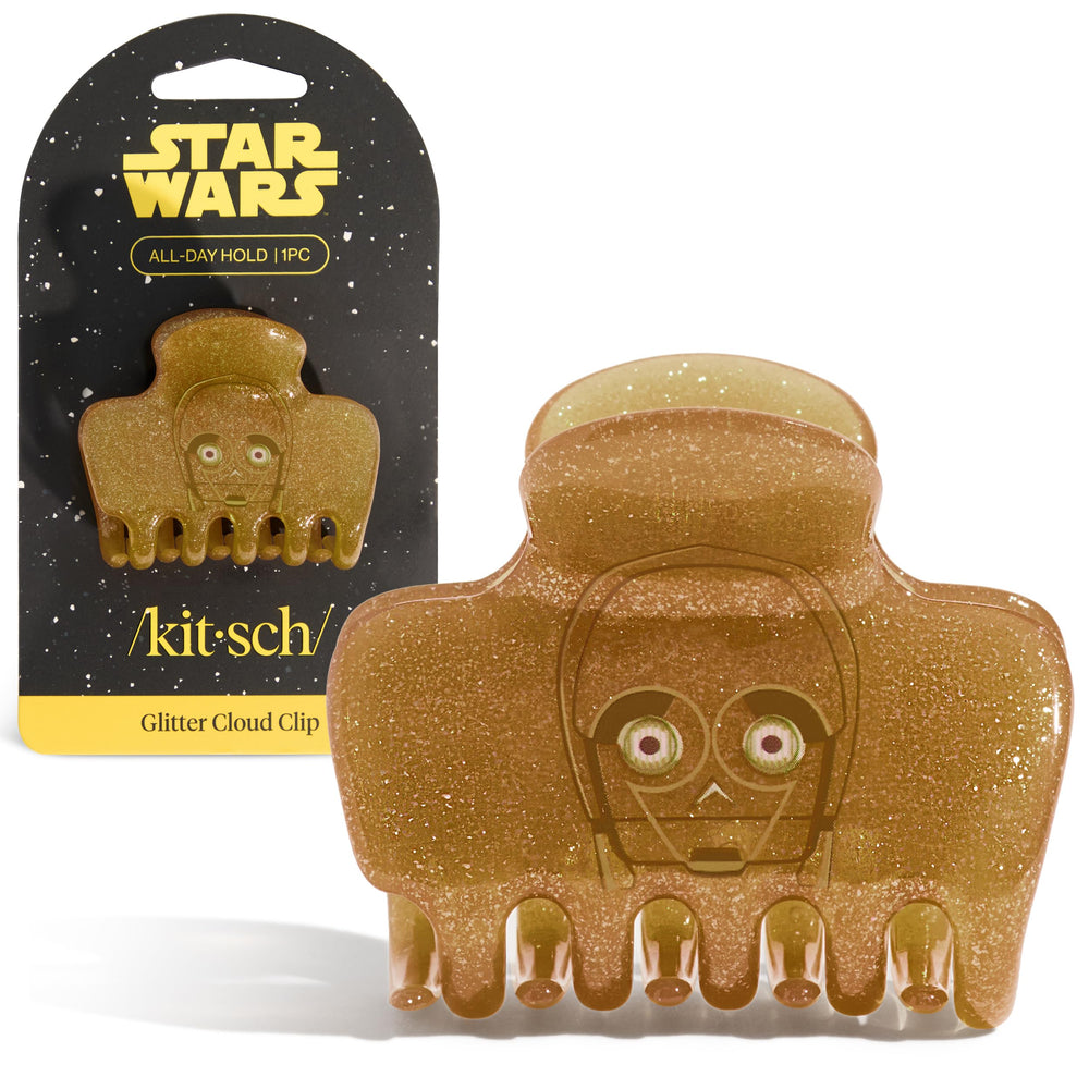 Kitsch C-3PO glitter clip front view showing golden shimmer and wearable flair
