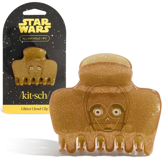 Kitsch C-3PO glitter clip front view showing golden shimmer and wearable flair
