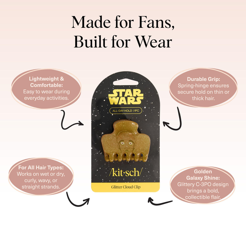 Kitsch C-3PO clip holding a bun showing comfortable, no-slip grip benefit