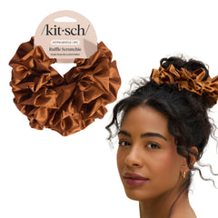 Kitsch camel scrunchie front view showing ruffled satin and color advantage