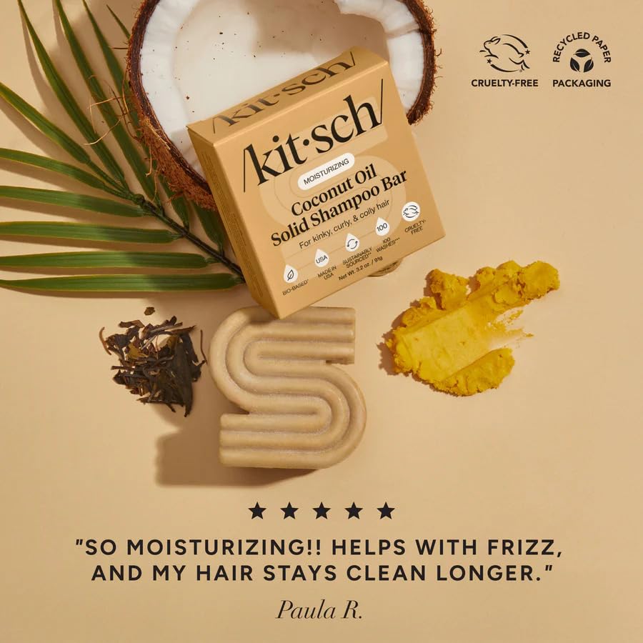 Kitsch shampoo bar label detail emphasizing vegan, cruelty-free, made-in-USA benefit