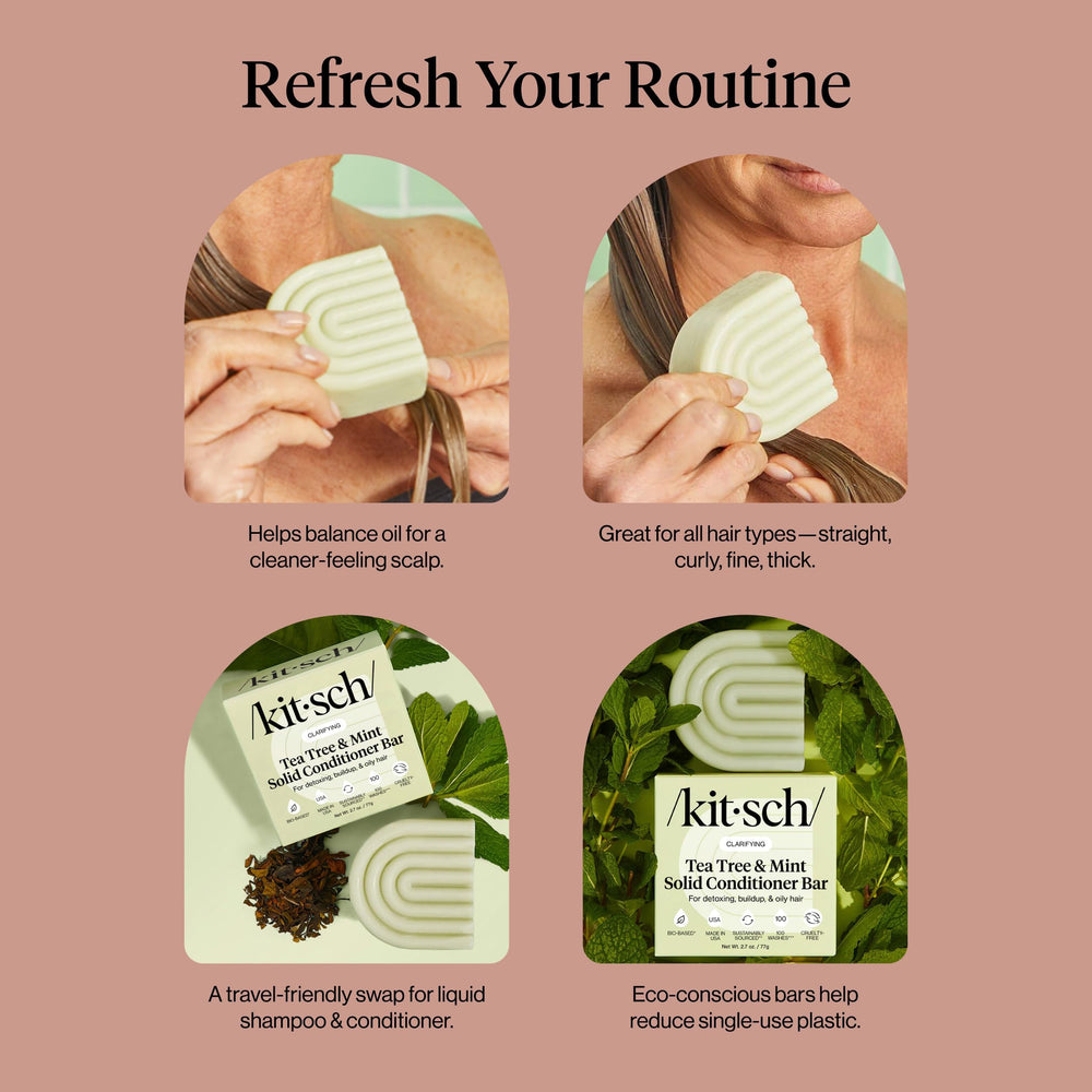 Kitsch conditioner bar beside mint and tea tree leaves indicating refreshing scalp benefit