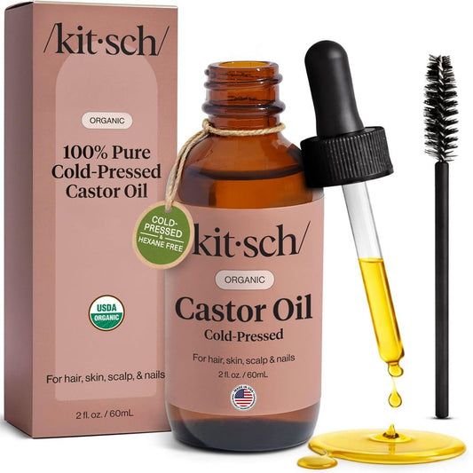 Kitsch glass bottle front view shows clean packaging and pure castor oil benefits