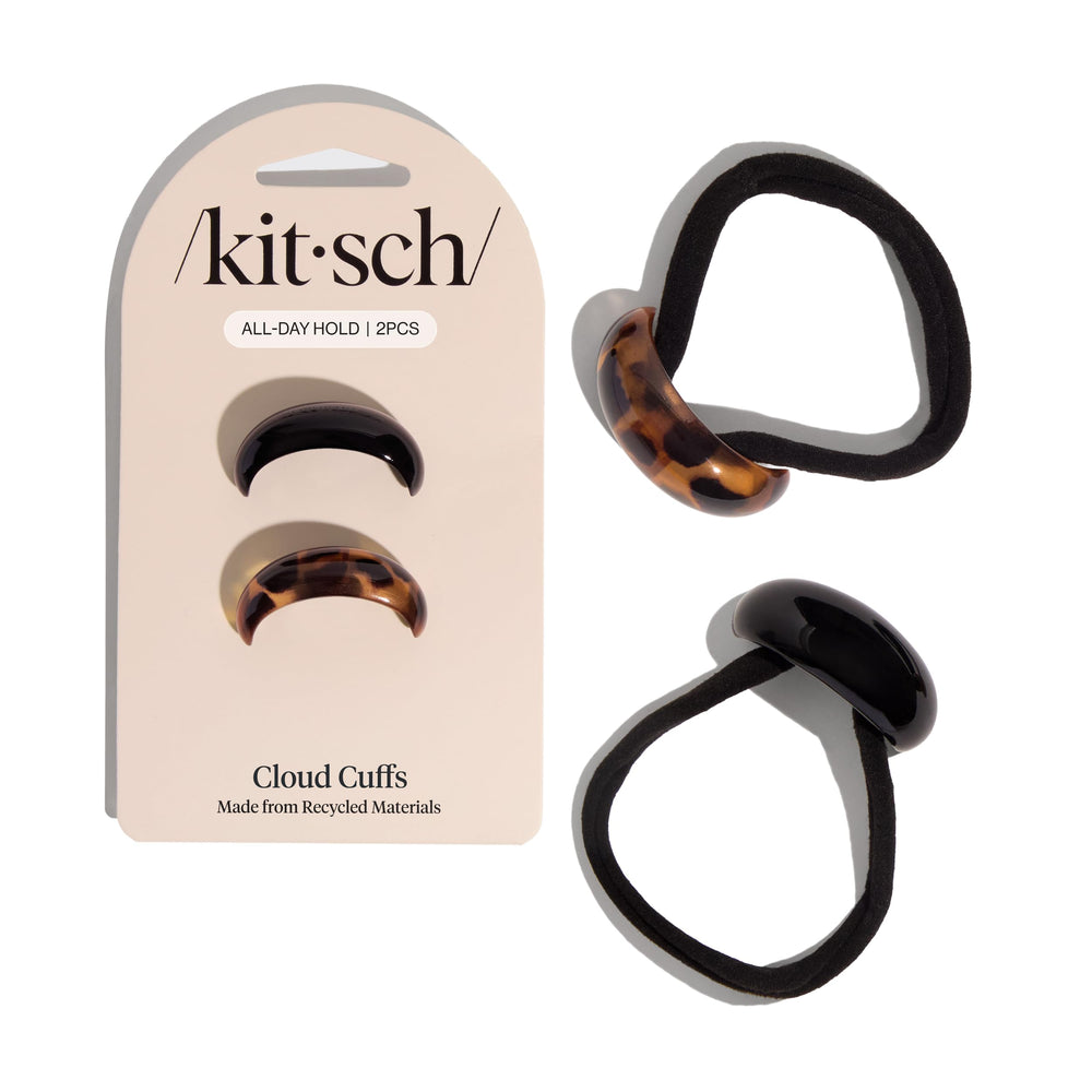 Kitsch front view of black and tort hair cuffs showing polished finish and sleek look