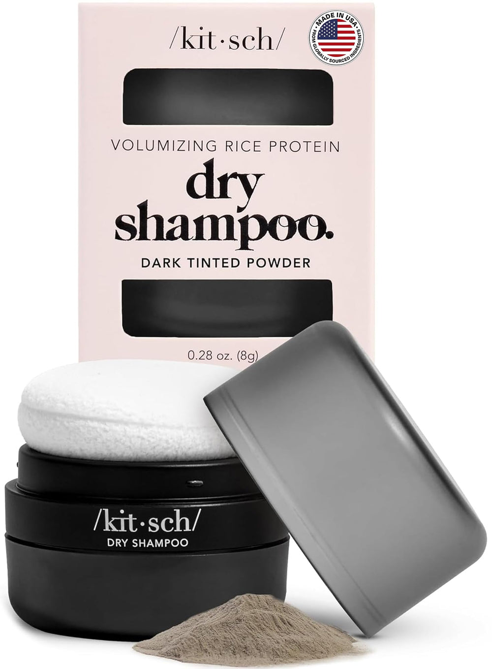 Kitsch front packaging of travel dry shampoo showing compact container and label benefit
