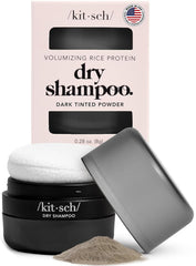 Kitsch front packaging of travel dry shampoo showing compact container and label benefit