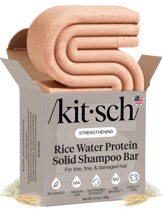 Kitsch front packaging showing rice water shampoo bar and eco benefit