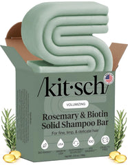 Kitsch front packaging of rosemary and biotin bar, shows product benefit of volumizing