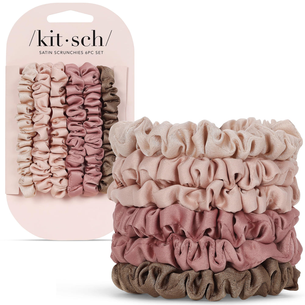Kitsch front packaging showing six terracotta satin scrunchies and neat presentation