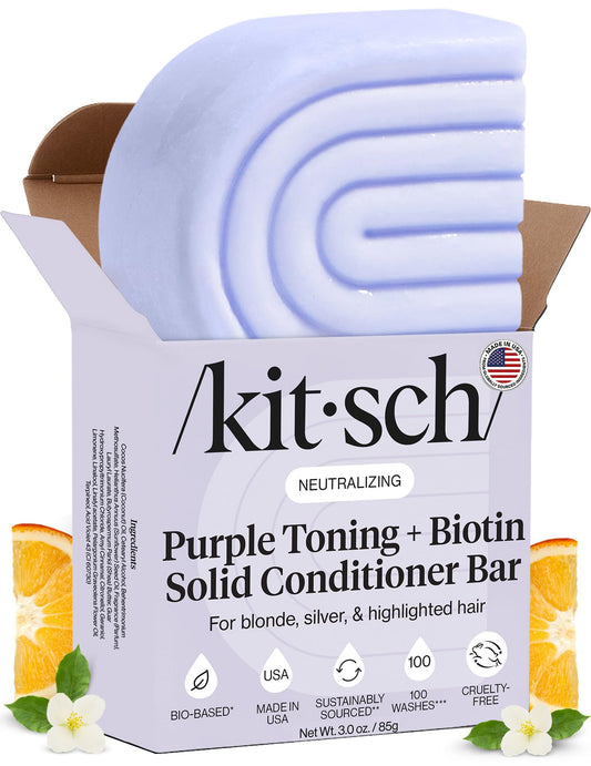 Kitsch front view conditioner bar showing compact purple toning solid and clear shape benefit: travel-friendly