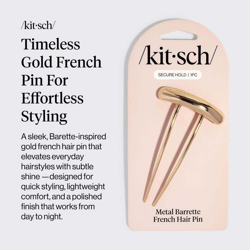 Kitsch gold hair pin side profile highlighting curved barrette shape and secure hold