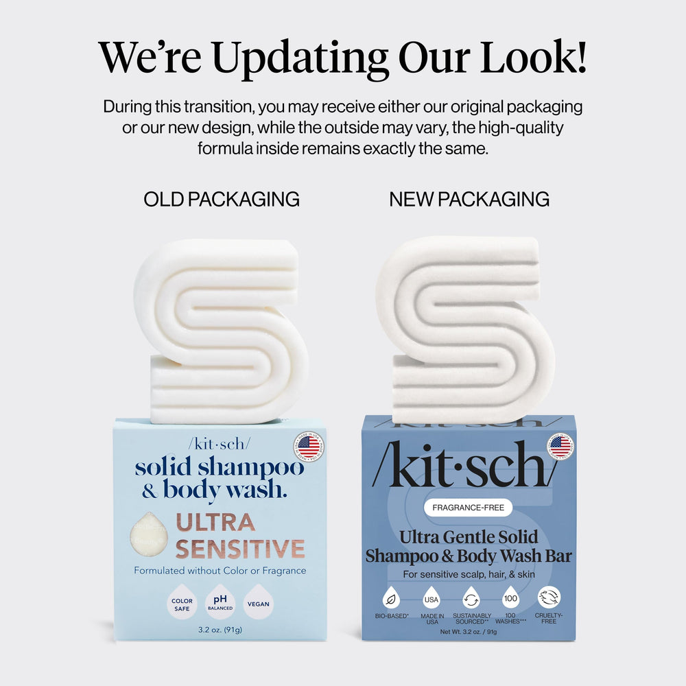 Kitsch label close-up listing five ingredients for clean, minimal care