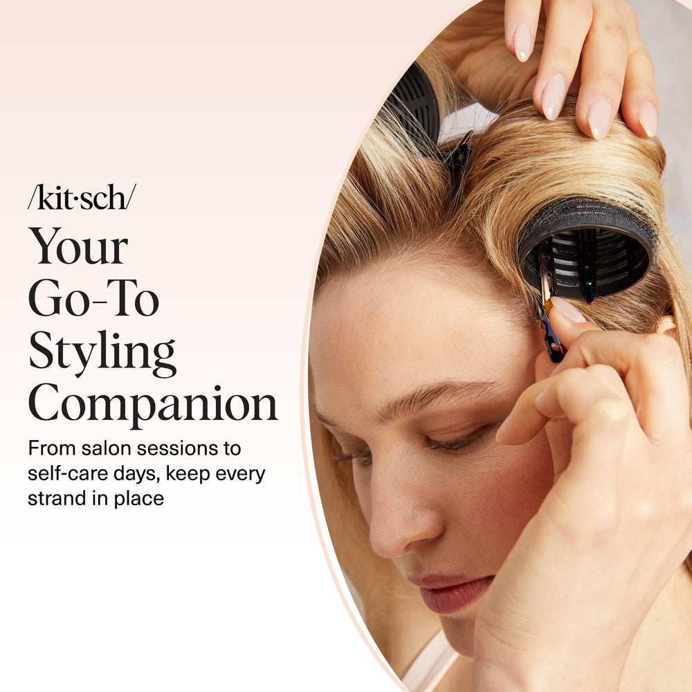 Kitsch clips displayed on vanity suggesting organized beauty workflow