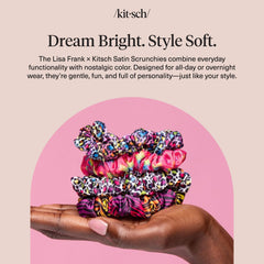 Four Kitsch scrunchies arranged to display Rainbow Leopard print variety and styling versatility benefit