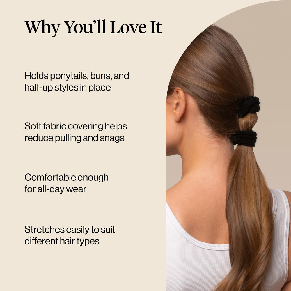 Kitsch petal hair tie holding a ponytail securely, showing no creases benefit