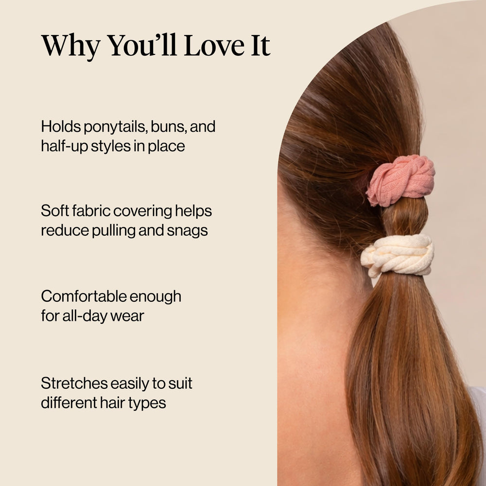 Kitsch hair tie worn on wrist as accessory for quick styling benefit
