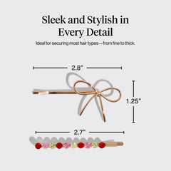 Kitsch pins securing a long hair updo for all-day hold