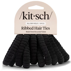 Kitsch front packaging showing 10 black ribbed hair ties and neat storage benefit