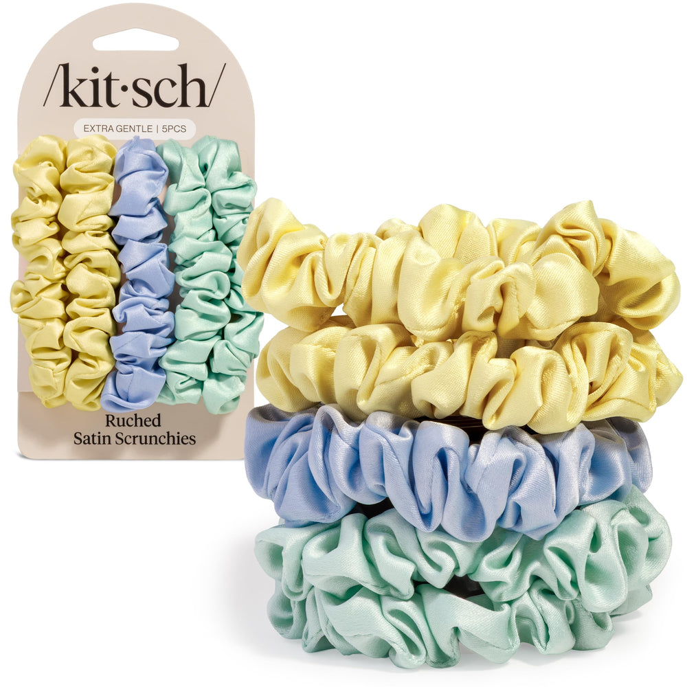Kitsch packaging front view showing five satin scrunchies and neat presentation benefit