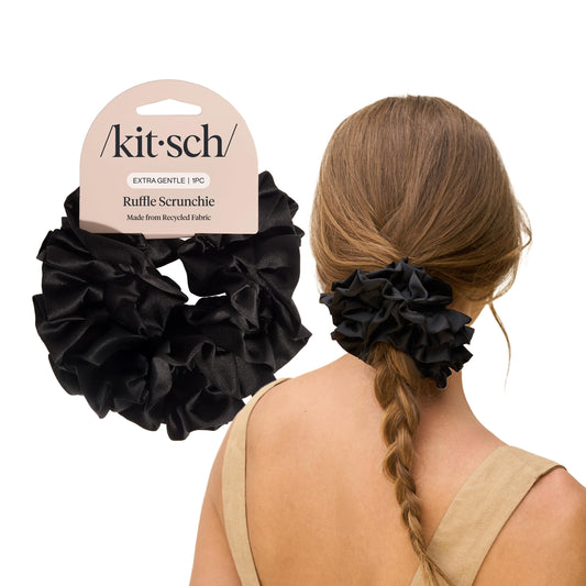 Kitsch front view of black satin ruffle scrunchie, stylish and secure hold
