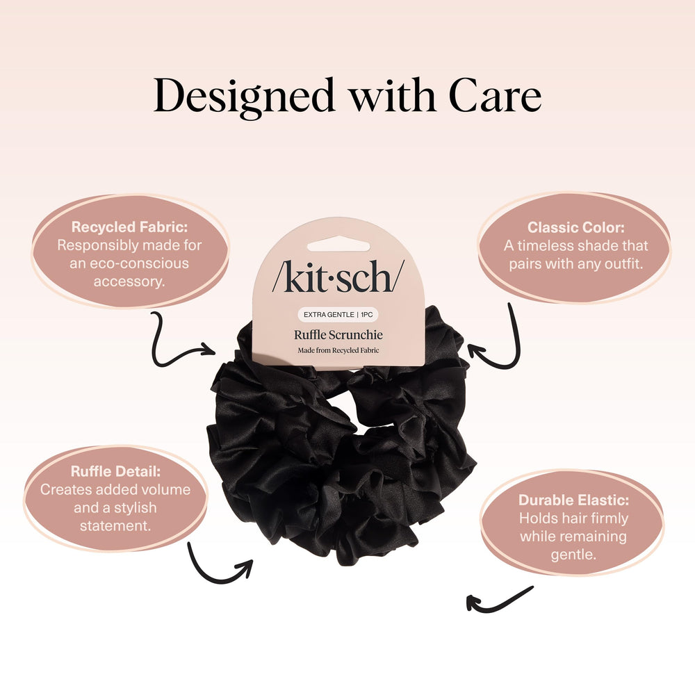 Kitsch detail of scrunchie securing ponytail, reduces creasing and tugging