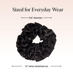 Kitsch scrunchie beside ruler for scale, shows compact yet voluminous size