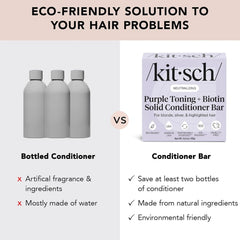 Kitsch bar beside two empty conditioner bottles showing plastic reduction benefit: sustainable swap