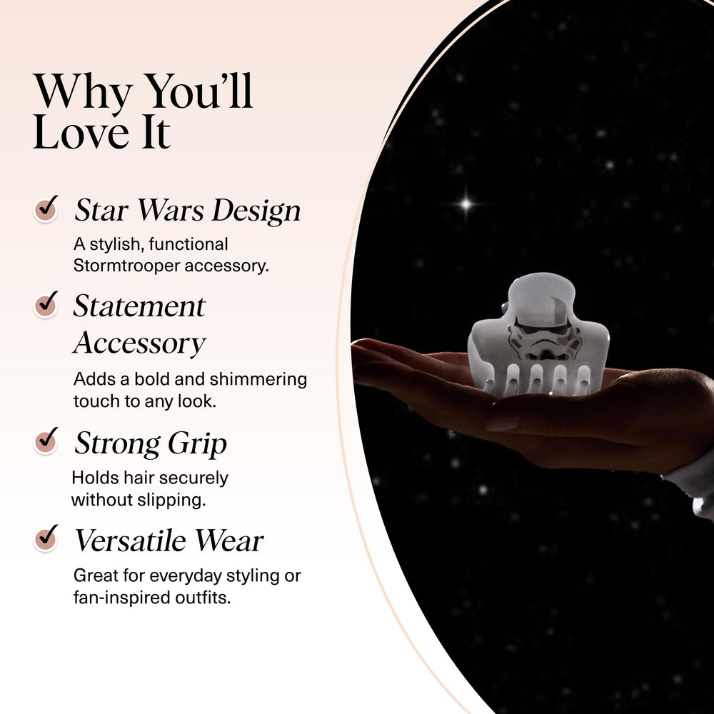 Kitsch Stormtrooper clip worn in half-up hairstyle showing secure hold and polished look