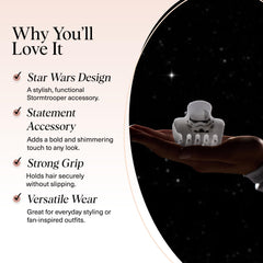 Kitsch Stormtrooper clip worn in half-up hairstyle showing secure hold and polished look