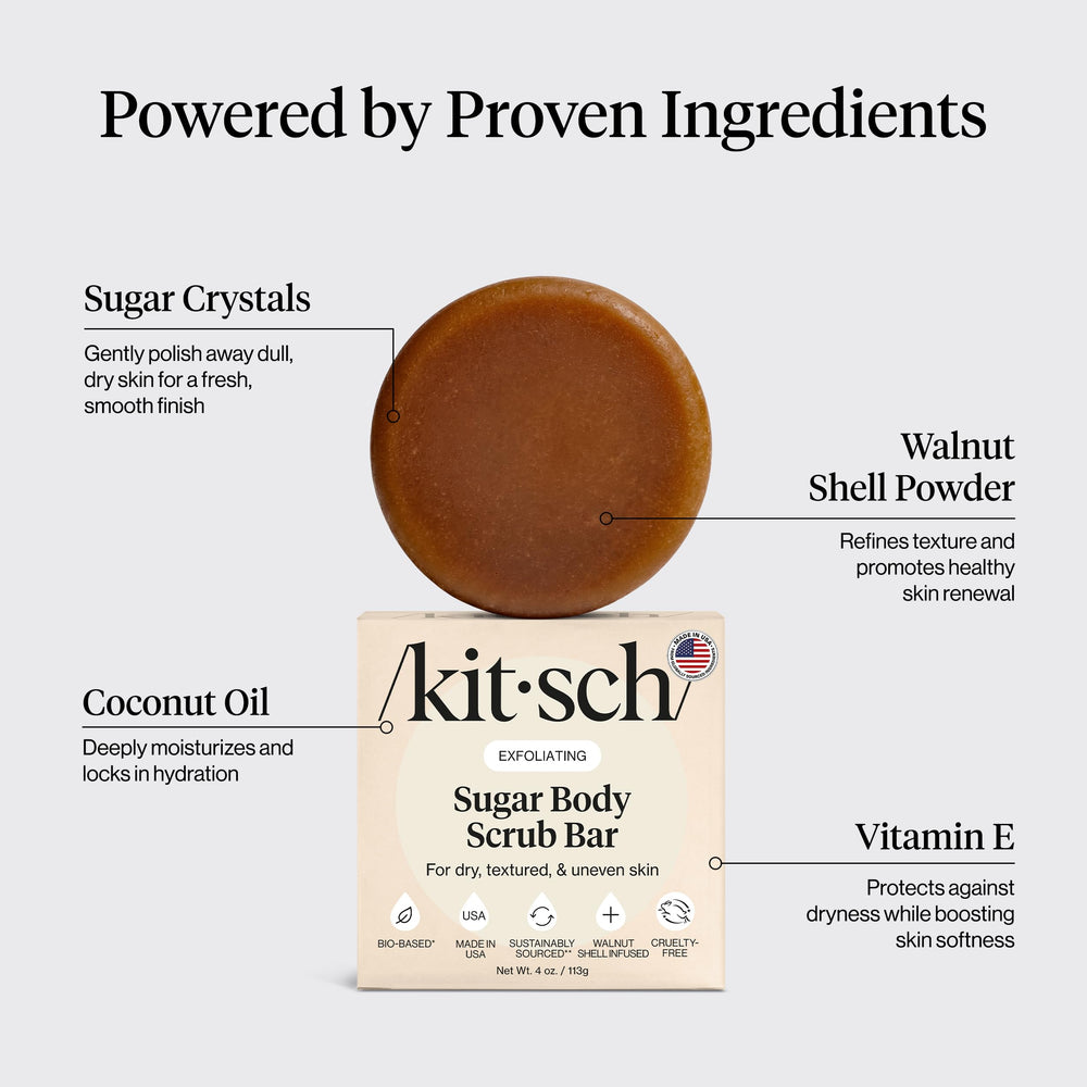 Kitsch close-up of bar texture showing sugar granules and gentle exfoliation benefit