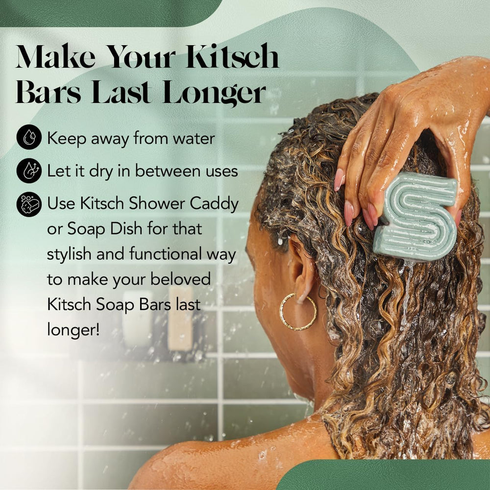 Kitsch bar in travel pouch on bathroom shelf, highlighting compact convenience benefit