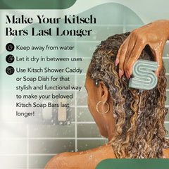 Kitsch bar in travel pouch on bathroom shelf, highlighting compact convenience benefit