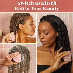 Kitsch solid conditioner on bathroom shelf, communicates plastic-free sustainable benefit