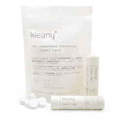 Kleany front packaging showing 100 compressed towel tablets and compact box benefit