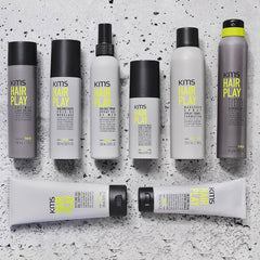 KMS paste on bathroom vanity with styling tools, suggests effortless morning styling
