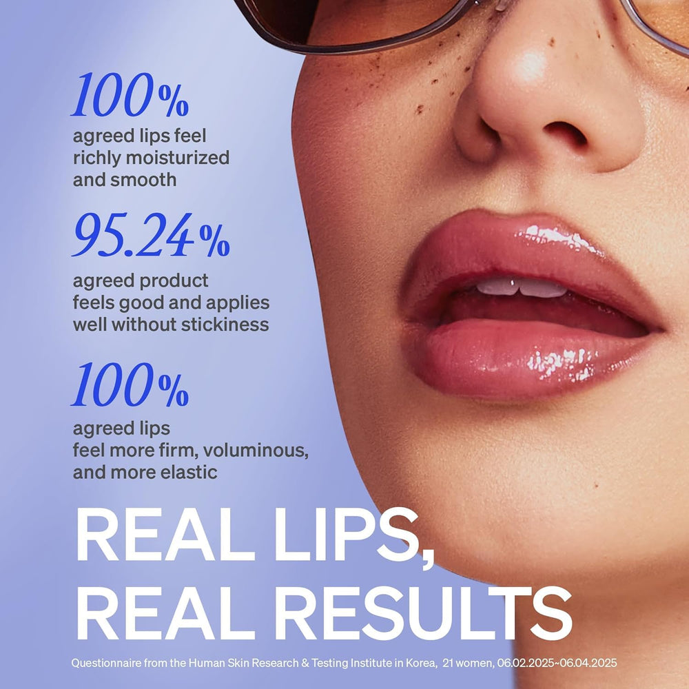 KNEMO on lips showing glassy clear gloss and hydrated appearance